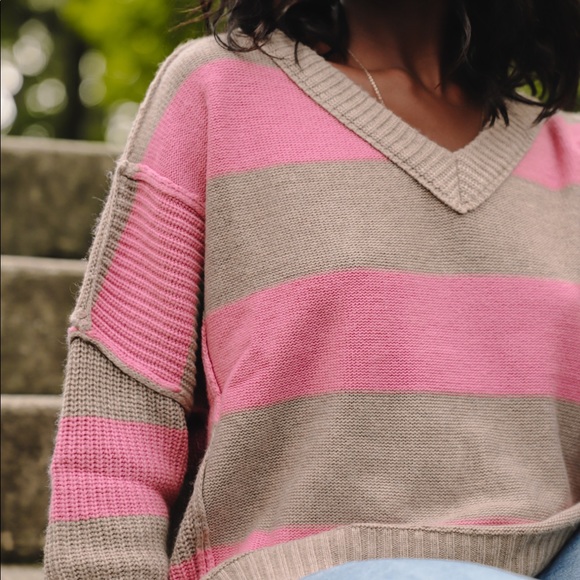 STRENITY | Sweaters | Pink And Brown Striped Sweater Feel The Love Sweater  | Poshmark